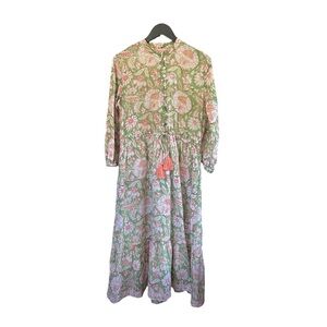 Pacific & Rose Hilia Tiered Midi Dress Pink & Green Floral Boho Cottagecore M